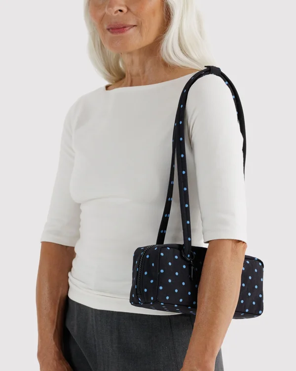 Small Nylon Bowler Bag - Black And Sky Blue Micro Dot