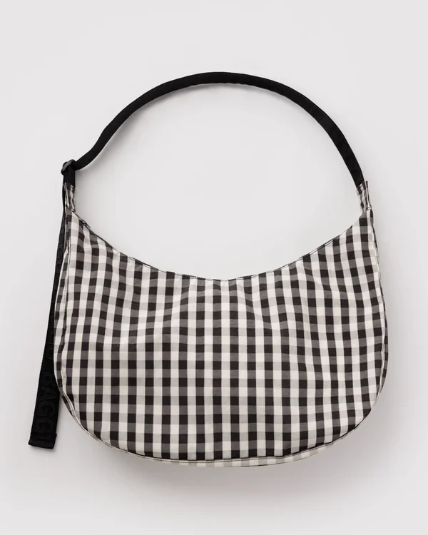 Large Nylon Crescent Bag - Black And Cream Gingham - Material: heavyweight-nylon