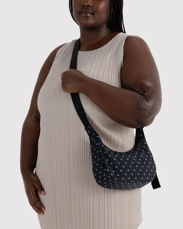 Small Nylon Crescent Bag - Black And Sky Blue Micro Dot