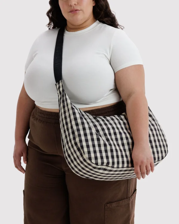 Large Nylon Crescent Bag - Black And Cream Gingham - Material: heavyweight-nylon