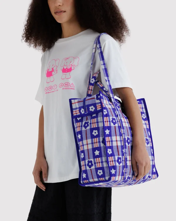 Large Nylon Market Bag - Market Plaid Blue - Size: OS