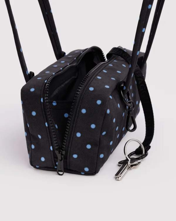 Small Nylon Bowler Bag - Black And Sky Blue Micro Dot